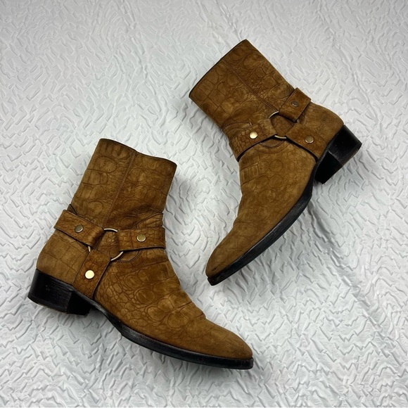 Saint Laurent Men's Wyatt Croc Embossed Harness Boots - Picture 2 of 13